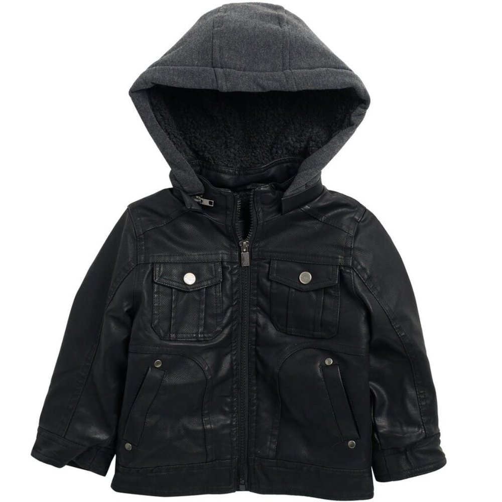 Urban Republic Toddler Faux Leather Full Zip Jacket Fleece Hoodie Black 3T NWT